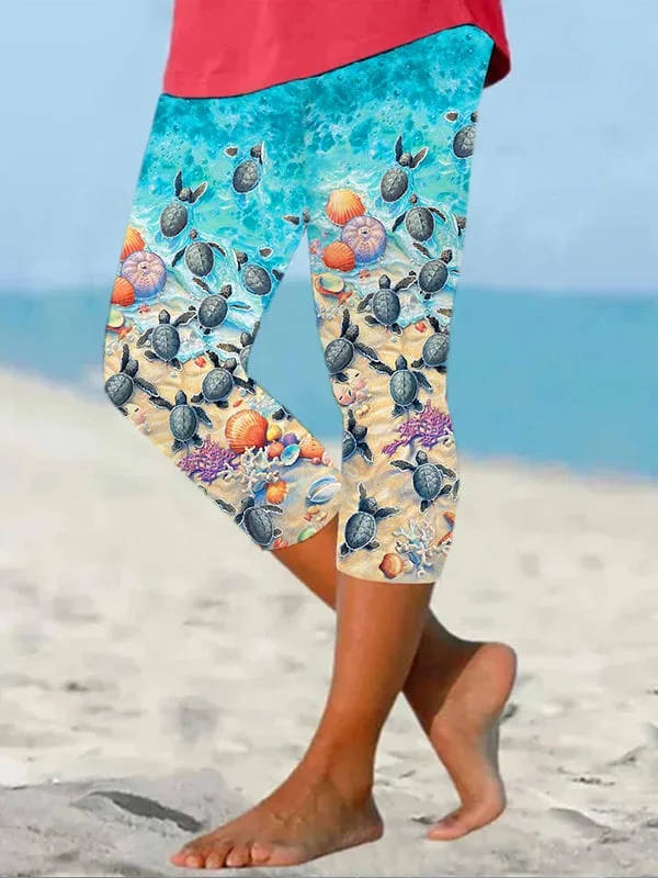 🔥Buy 3 Get 10% Off🔥Women's Sea Turtle Print Beach Vacation Cropped Leggings