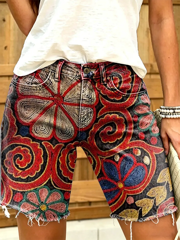 Women's Ethnic Floral Mandala Print Frayed Hem Denim Bermuda Shorts