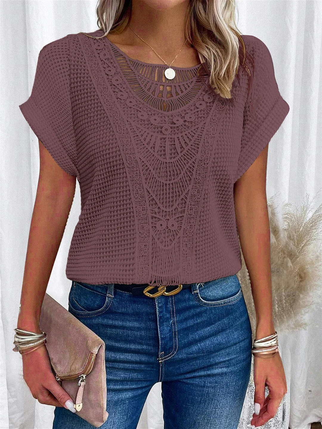 Women Short Sleeve Scoop Neck Solid Color Lace Tops