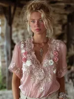 Vintage Boho Roses Embroidered Flowy Linen Shirt