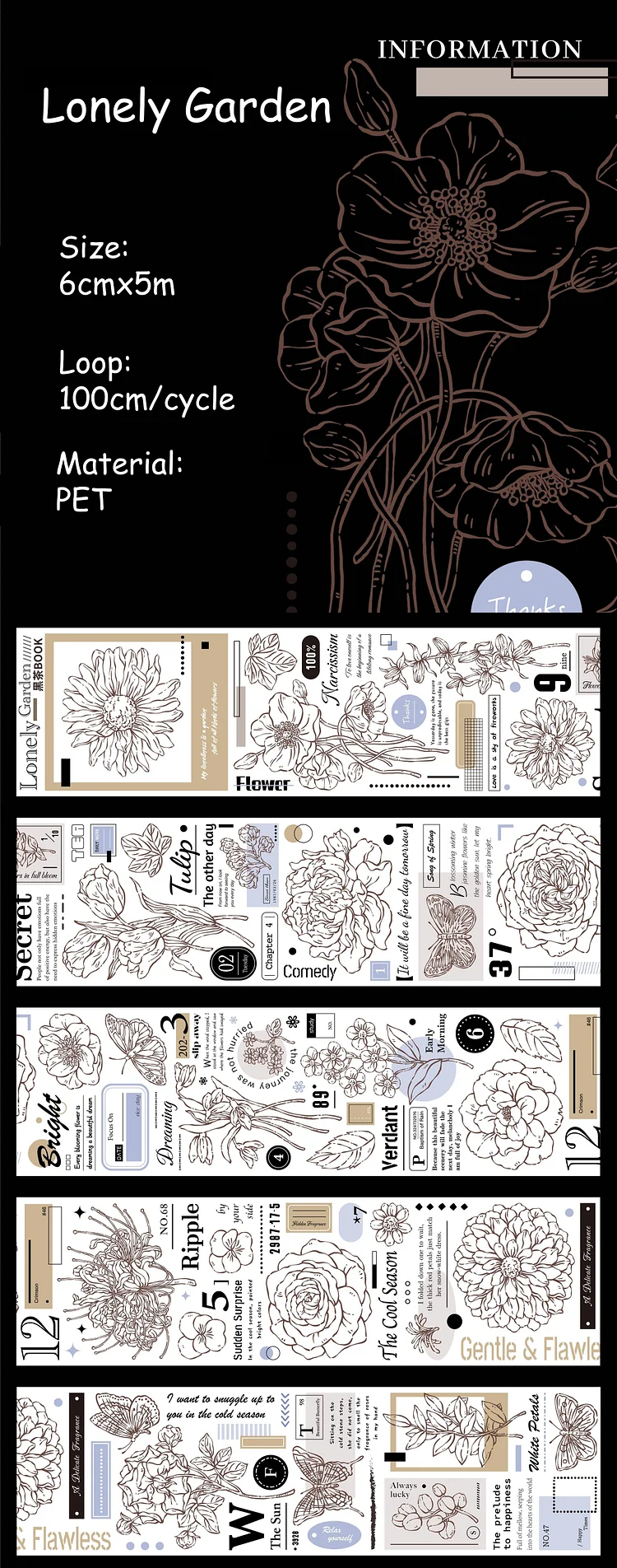Journalsay Multi-Specification Flower Character Text PET Tape