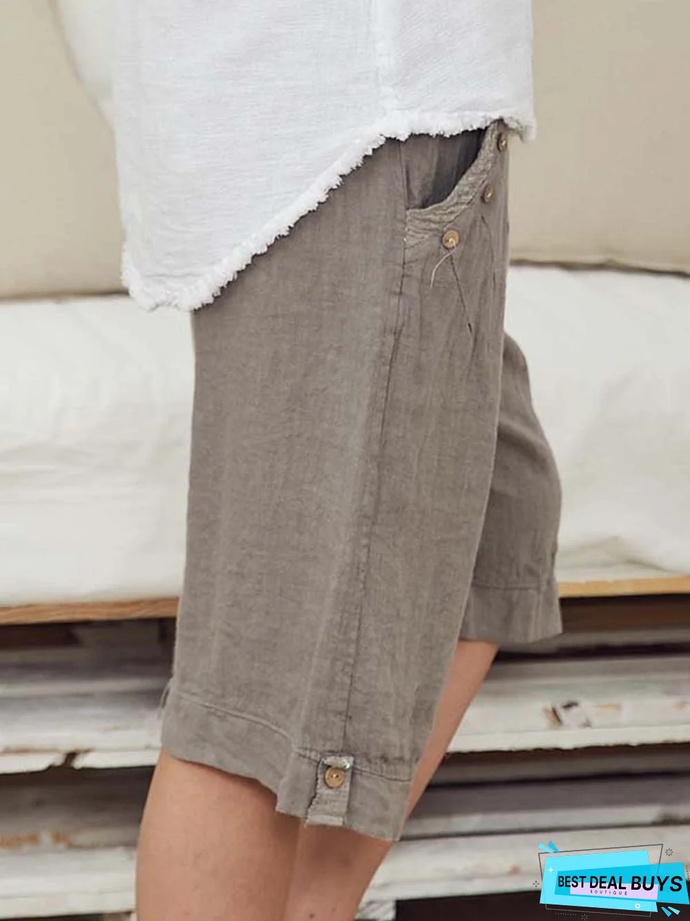 Solid Pockets Shorts Women Buttoned Shorts