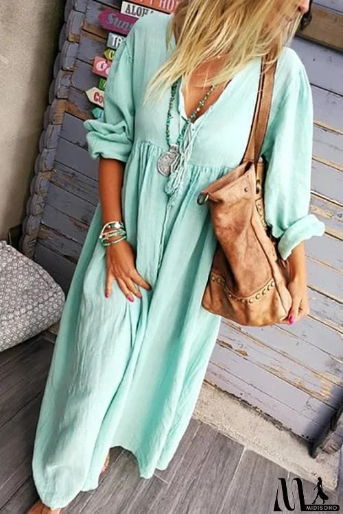 Solid V Neck Long Sleeve Loose Maxi Dress