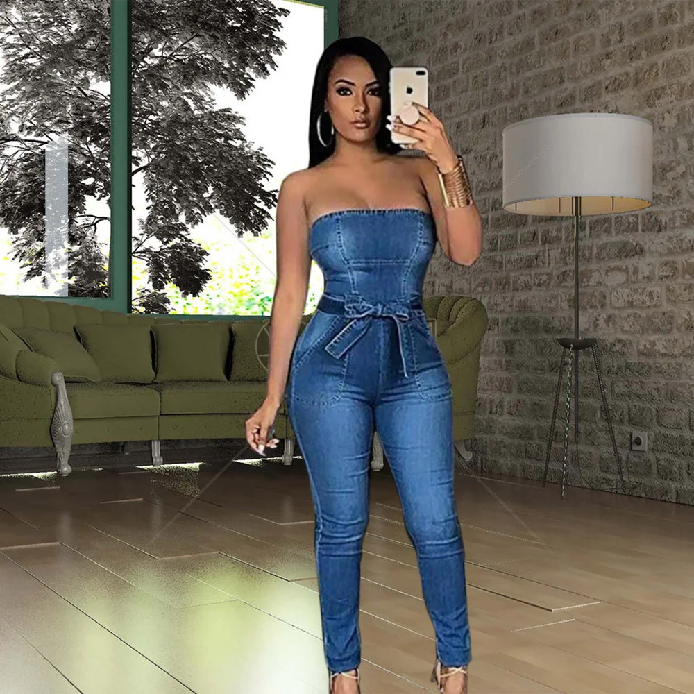 Women's Sexy Off Shoulder Jumpsuit Belt Up Waist Denim Jumpsuit One Piece