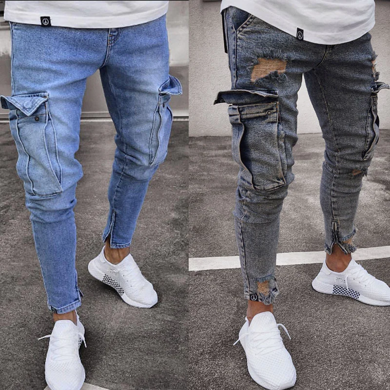 Men's Ripped Zipper Pocket Jeans