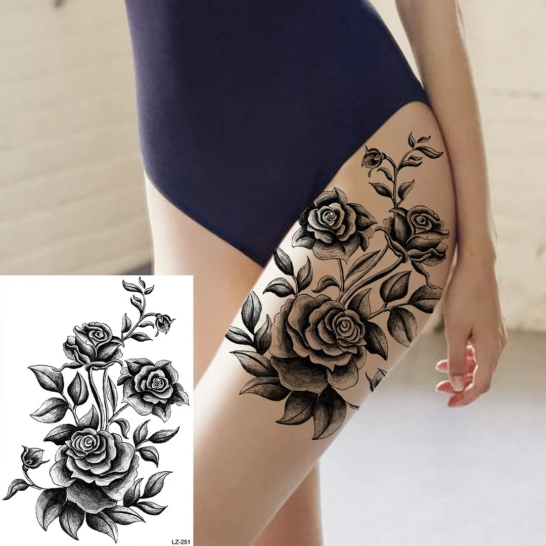 Sdrawing Large Rose FLower Temporary Tattoos For Women Adults Henna Skull Compass Snake Flower Fake Tattoo Sticker Leg Tatoos Thigh