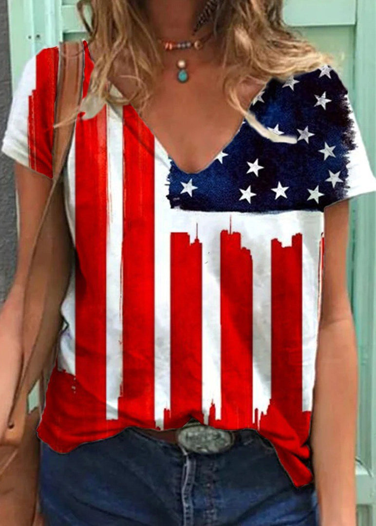 VCSHOES Red Blue Colorblock V Neck Print Cotton Beach Tanks Short Sleeve