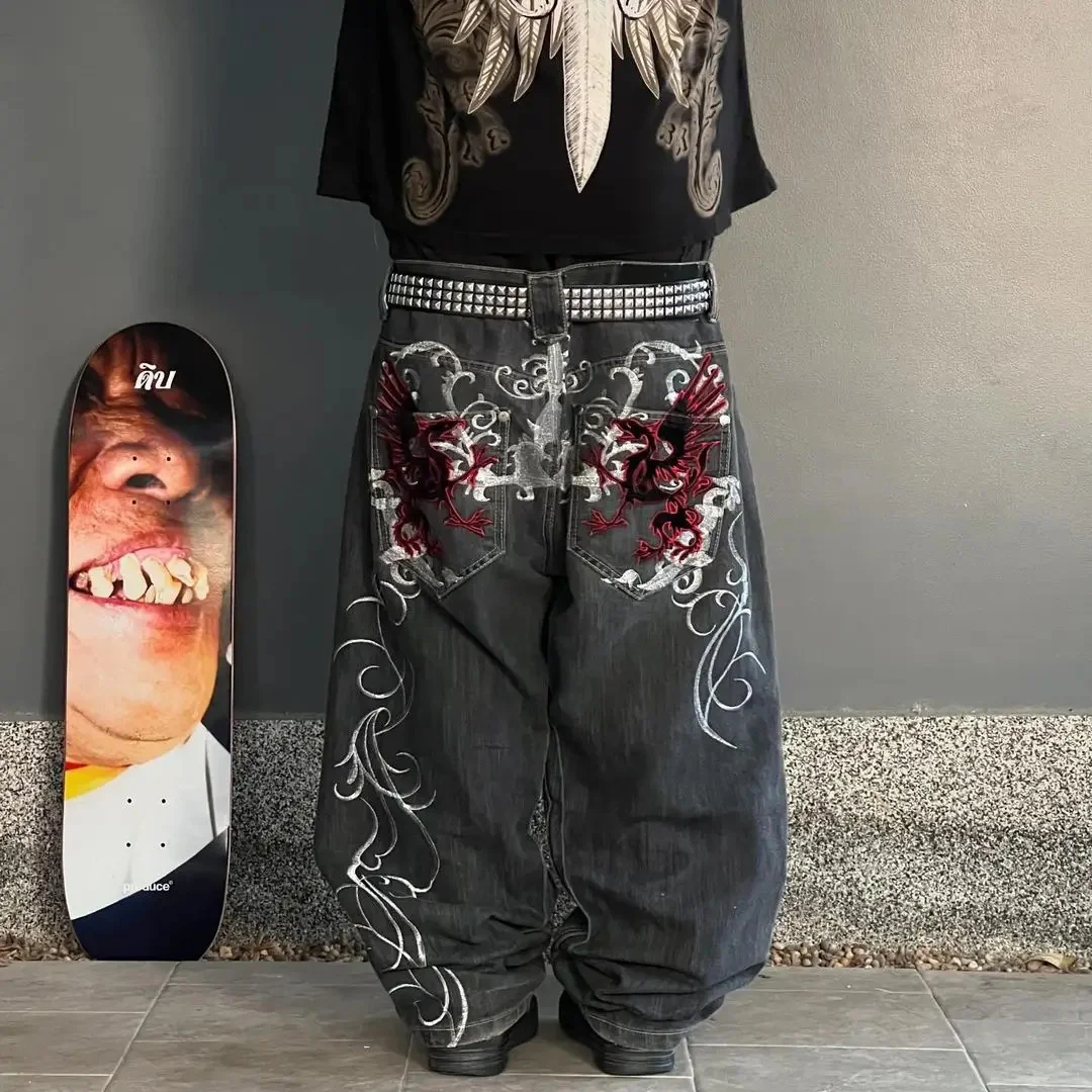 Ueong Trend Of Spring And Autumn Street Dark Gotham Haircut Printed Jeans Loose Personality Wide-Legged Trousers