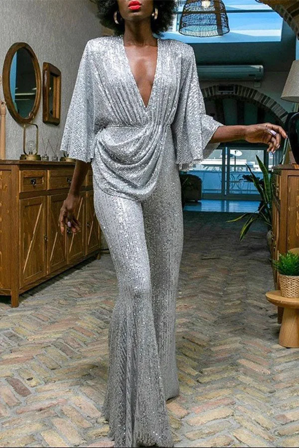 Sequined Glittery Deep V Neck Draped Jumpsuit