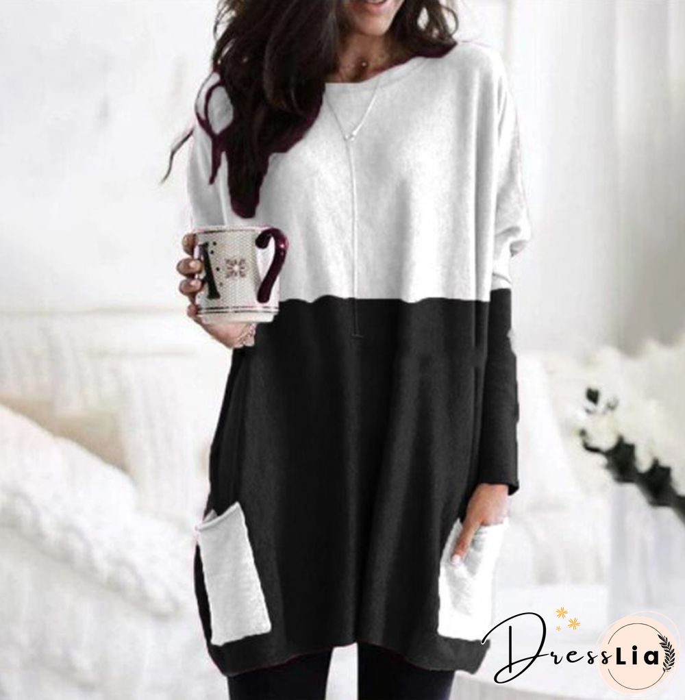 Hot Sale New Fashion Stitching Pocket Mid-length Loose Long-sleeved T-shirt Women