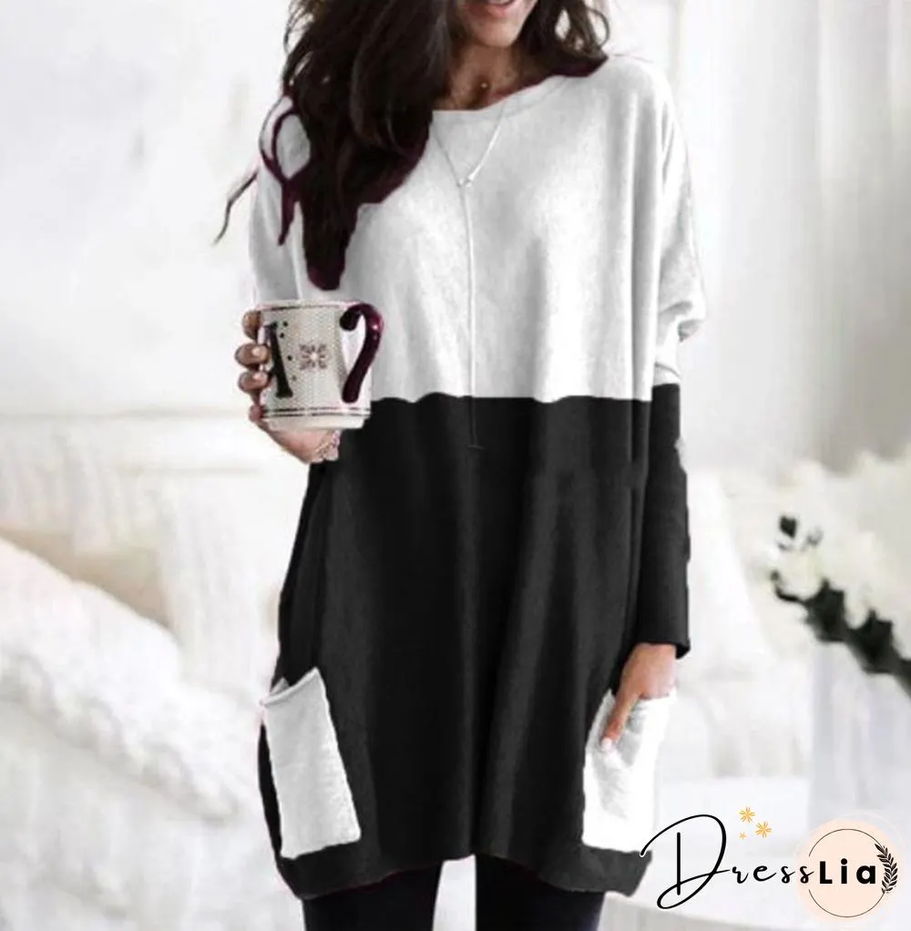 Hot Sale New Fashion Stitching Pocket Mid-length Loose Long-sleeved T-shirt Women