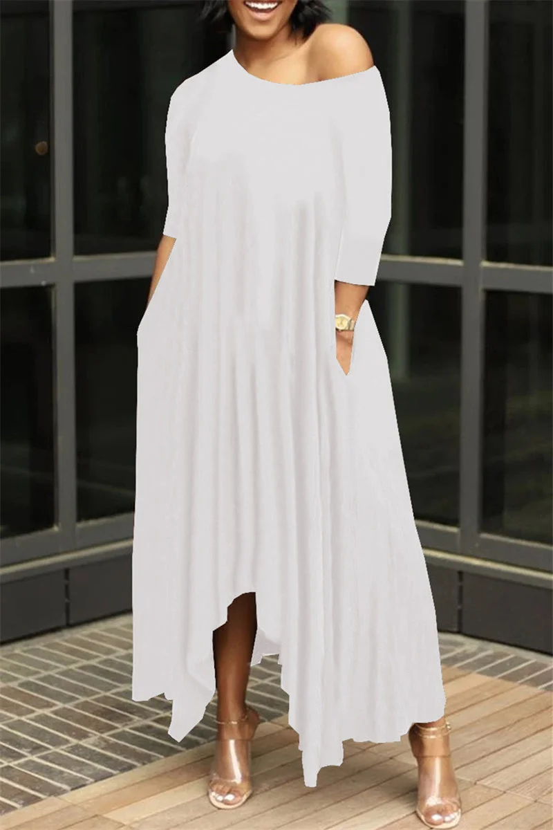 Fashion Solid Asymmetrical Oblique Collar Long Dresses