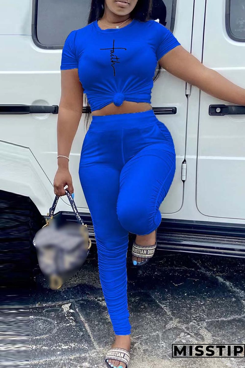 Orange Casual Print Fold O Neck Short Sleeve Two Pieces