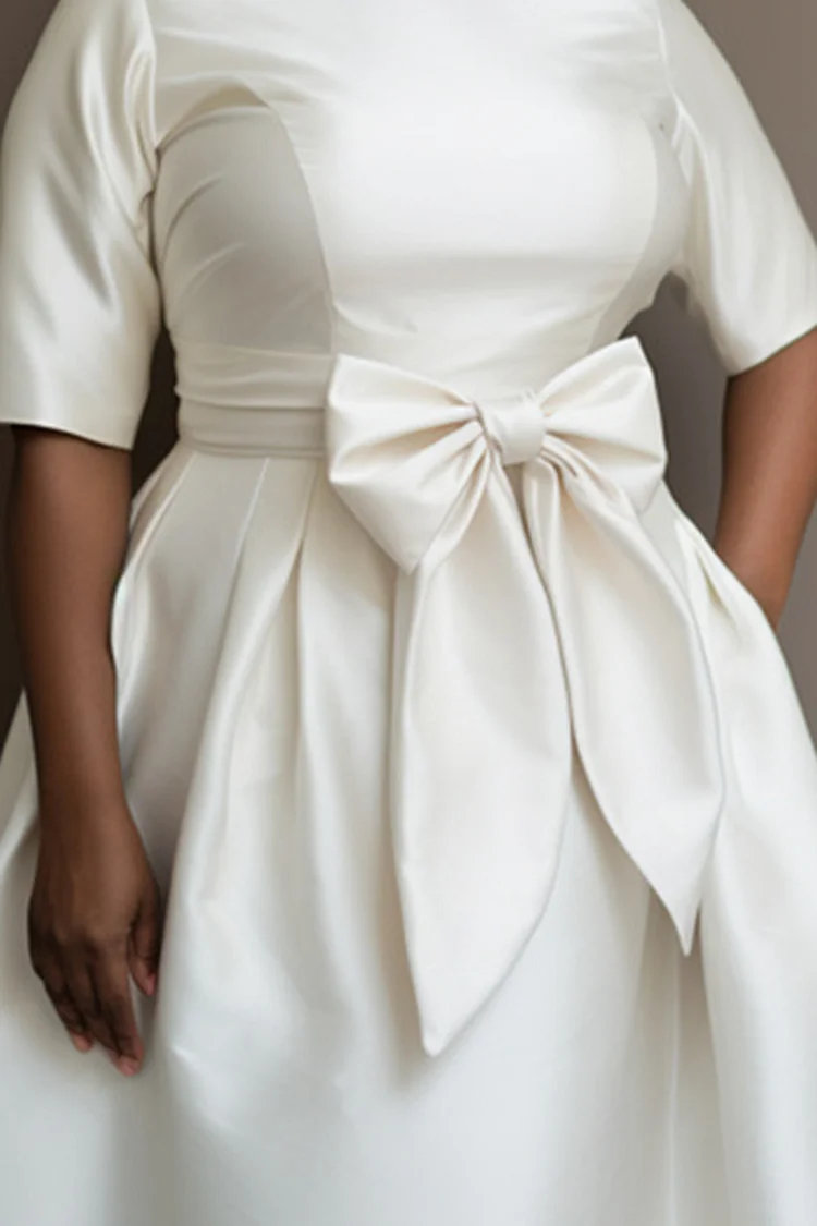 Xpluswear Design Plus Size Wedding White Elegant Round Neck Half Sleeve Pocket Bow Tie Satin Midi Dresses [Pre-Order]