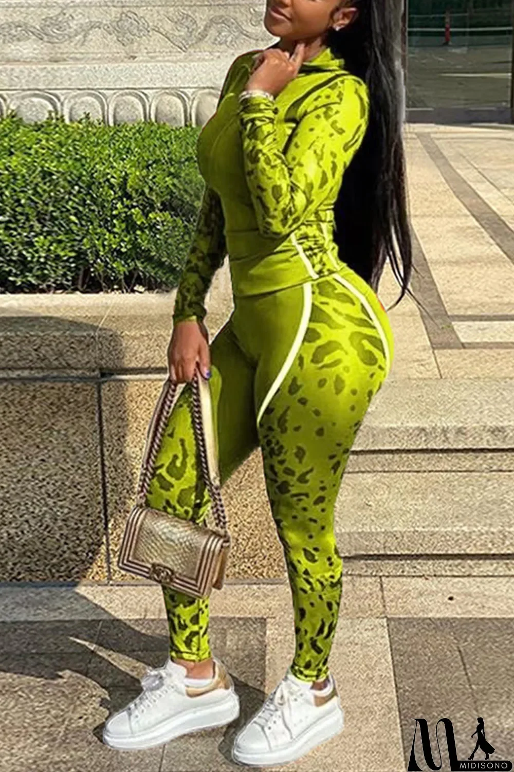 MidiSono - Blue Casual Print Split Joint Hooded Collar Long Sleeve Two Pieces