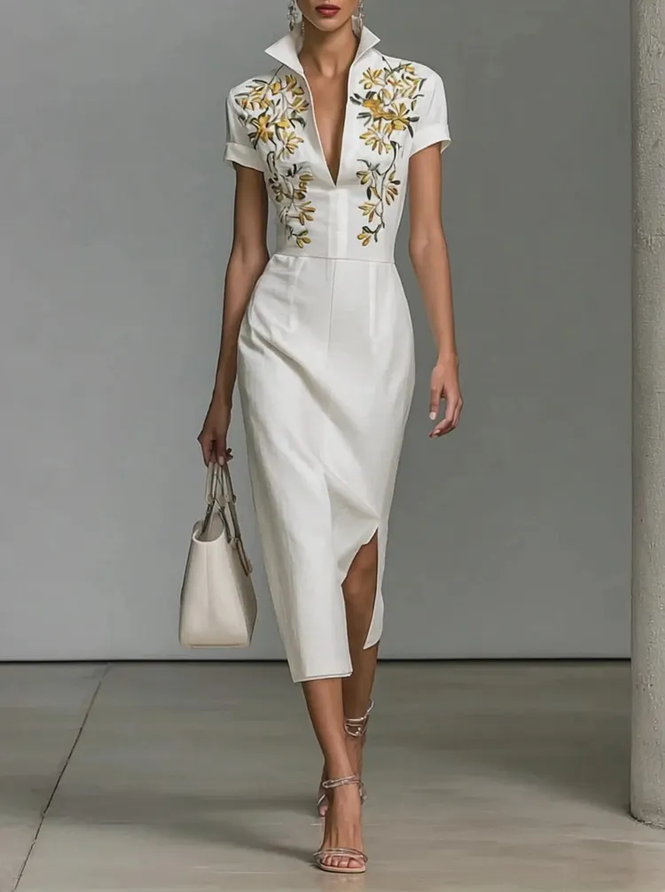 Printed V-neck short-sleeved midi dress