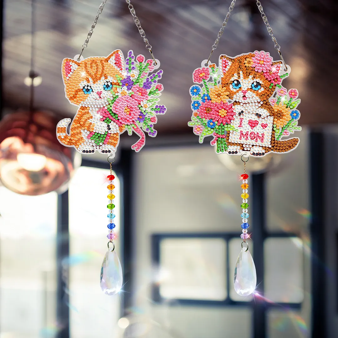 2Pcs Cat DIY Acrylic Diamond Painting Art Wind Chimes with Crystal Pendant Diamond Art Hanging Pendant Double-Sided for Adults Beginners Gift Home Garden Decor