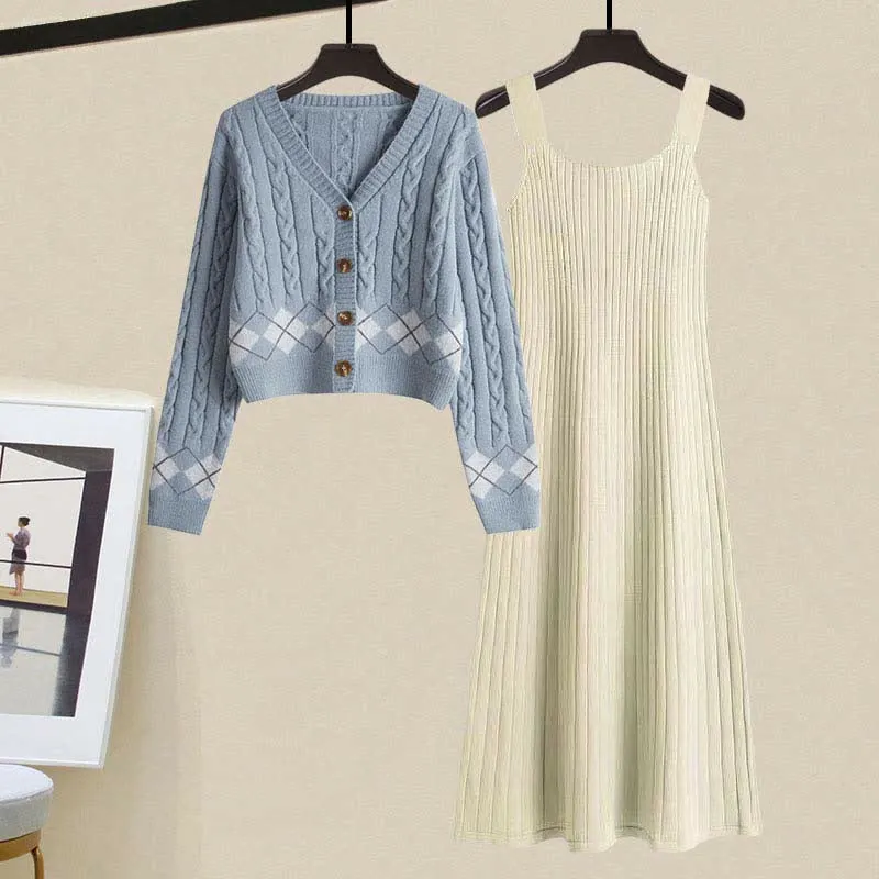 Rhombus Print Cardigan Sweater Slip Dress Two Pieces