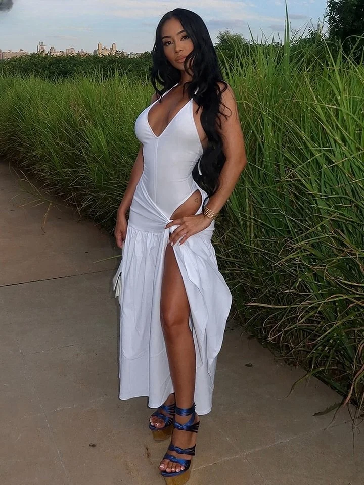 Hipster Solid 2 Piece Set Summer Trend Elegant Halter Bodysuit+Wrapped Long Skirts Two-Piece Set