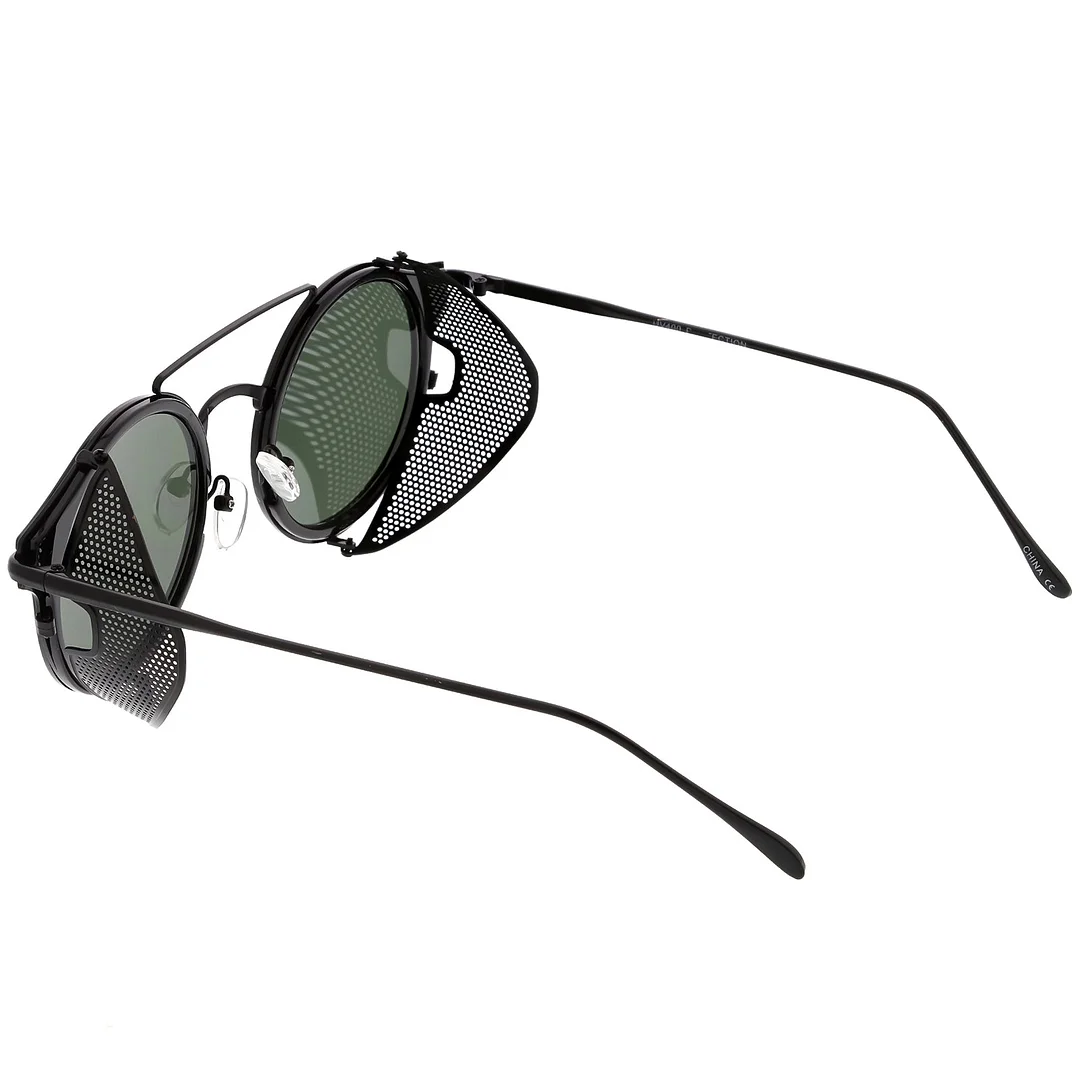 Steampunk Round Horn Rimmed glasses Double Crossbar Fold In Side Covers Flat Lens 54mm