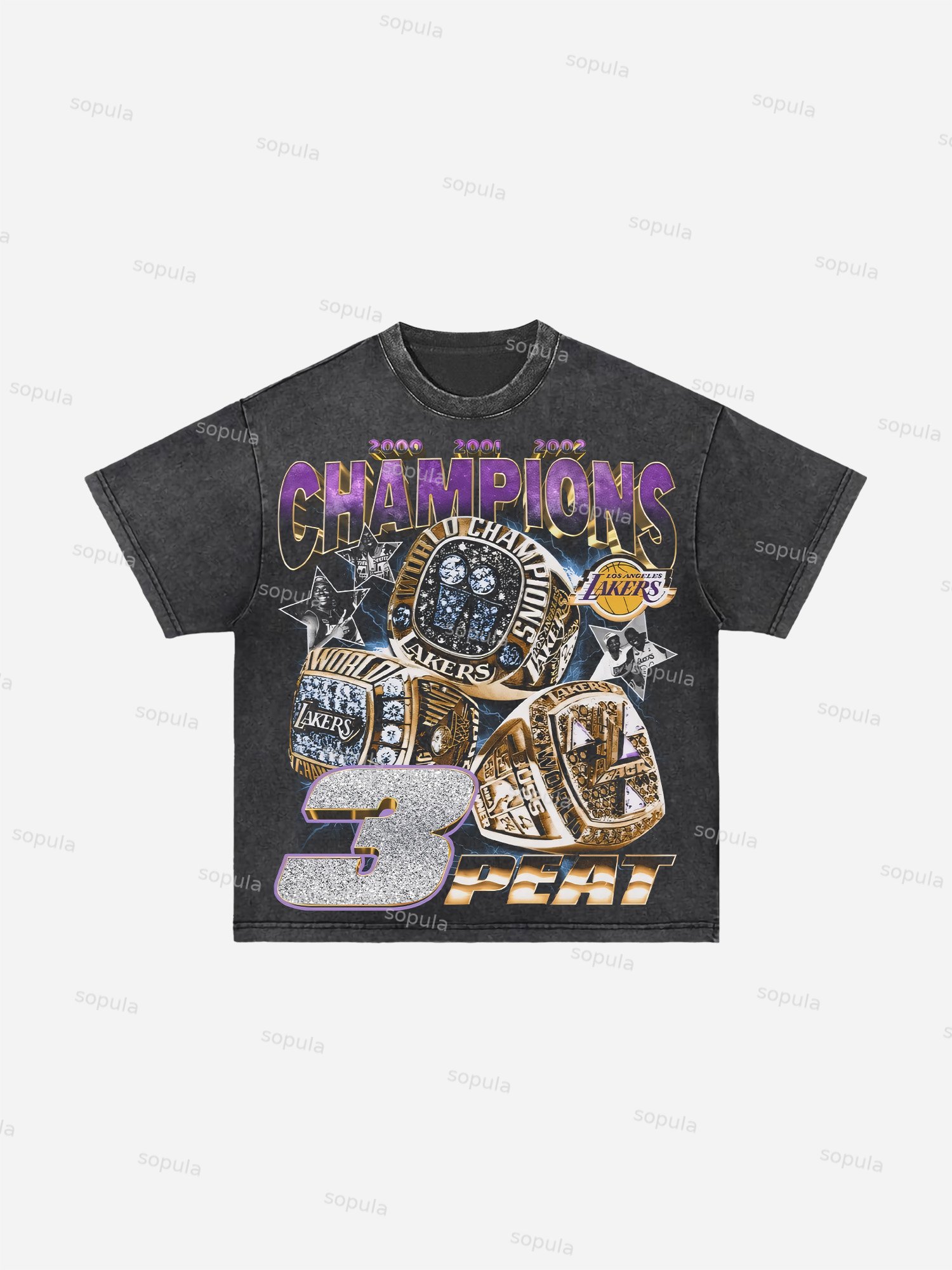 Lakers Dynasty The 3-peat Legacy Vintage Graphic Acid Wash T-shirt - SOPULA