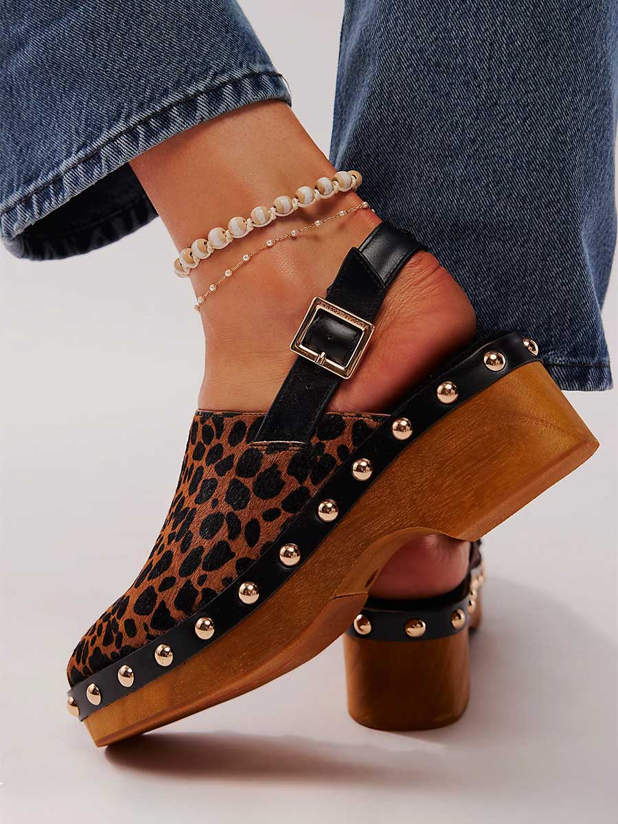 Leopard Print Round Toe Studded Slingback Heeled Clogs with Platform