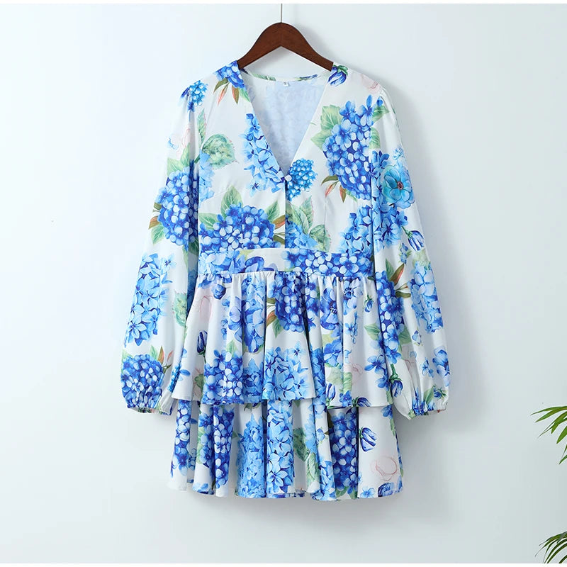 Aiertu Elegant Flower Printed Ruffles Layered Mini Dress Chic V Neck Puff Long Sleeved A Line Dresses Fashion Lady Evening Party Gown Aiertu