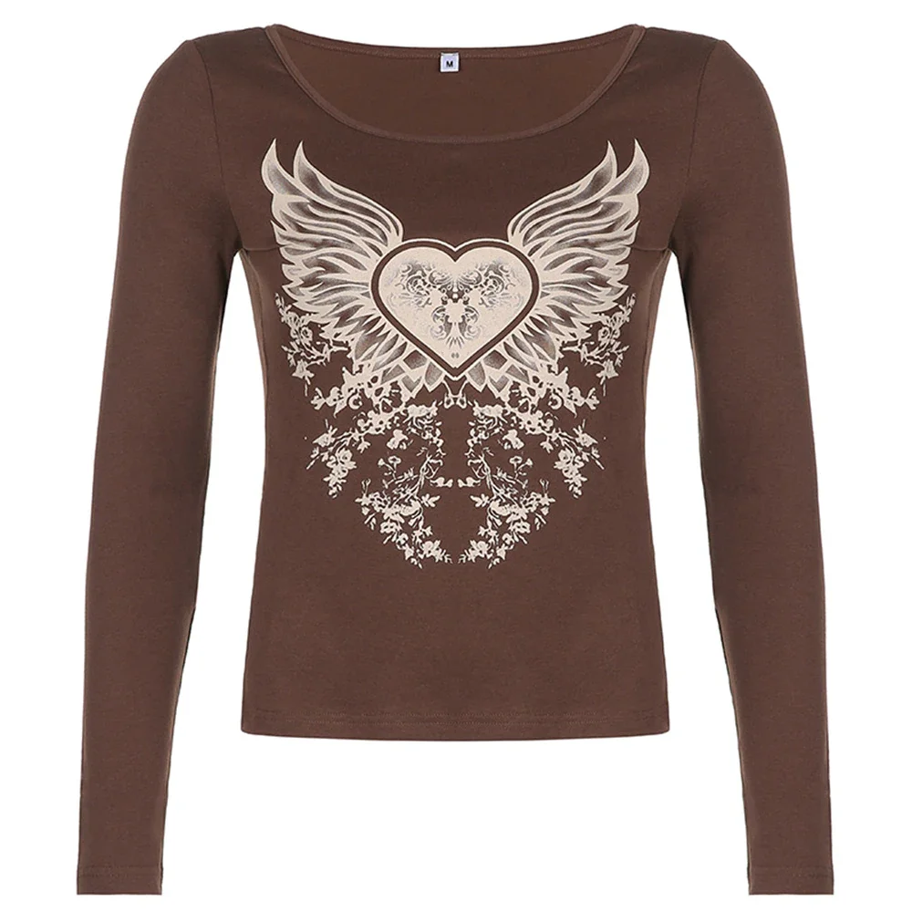 Jangj Grunge Y2k Angel Wings Heart T-shirt Women Gothic Graphic Print Long Sleeve Tops Harajuku Cyber Vintage O Neck Tshirt Aesthetic