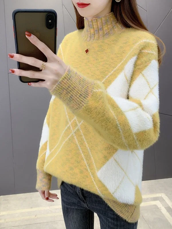 Women's Long Sleeve Scoop Neck Geometric Printed Knit Seawter Tops