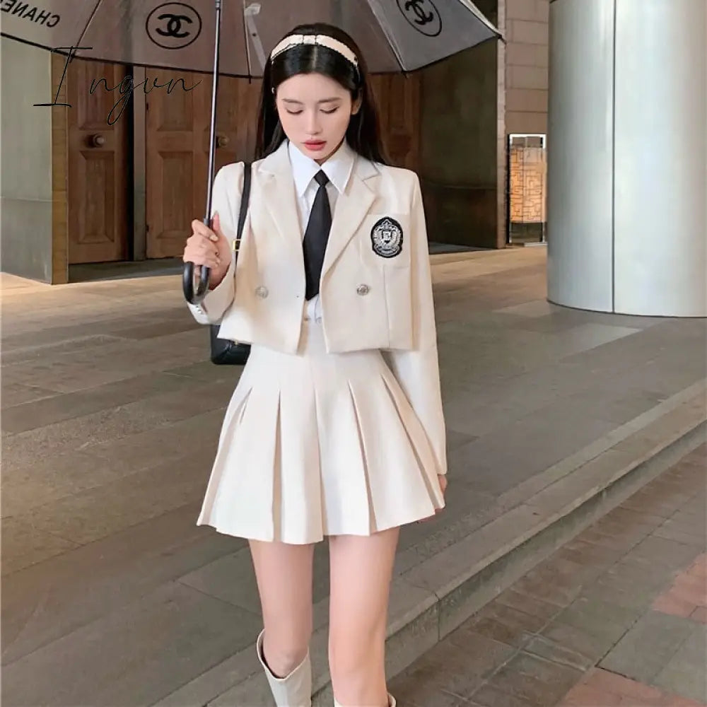 Ingvn - Jk Blazer Skirt Set Female Short Suit Jacket + Pleated Spring Autumn Professional Wear