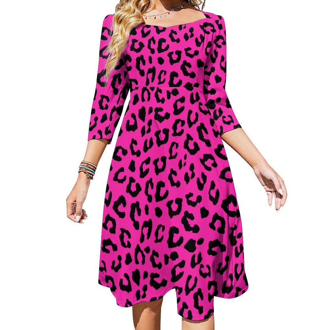Pink And Black Bold Leopard Print Dress Sweetheart Tie Back Flared 3/4 Sleeve Midi Dresses