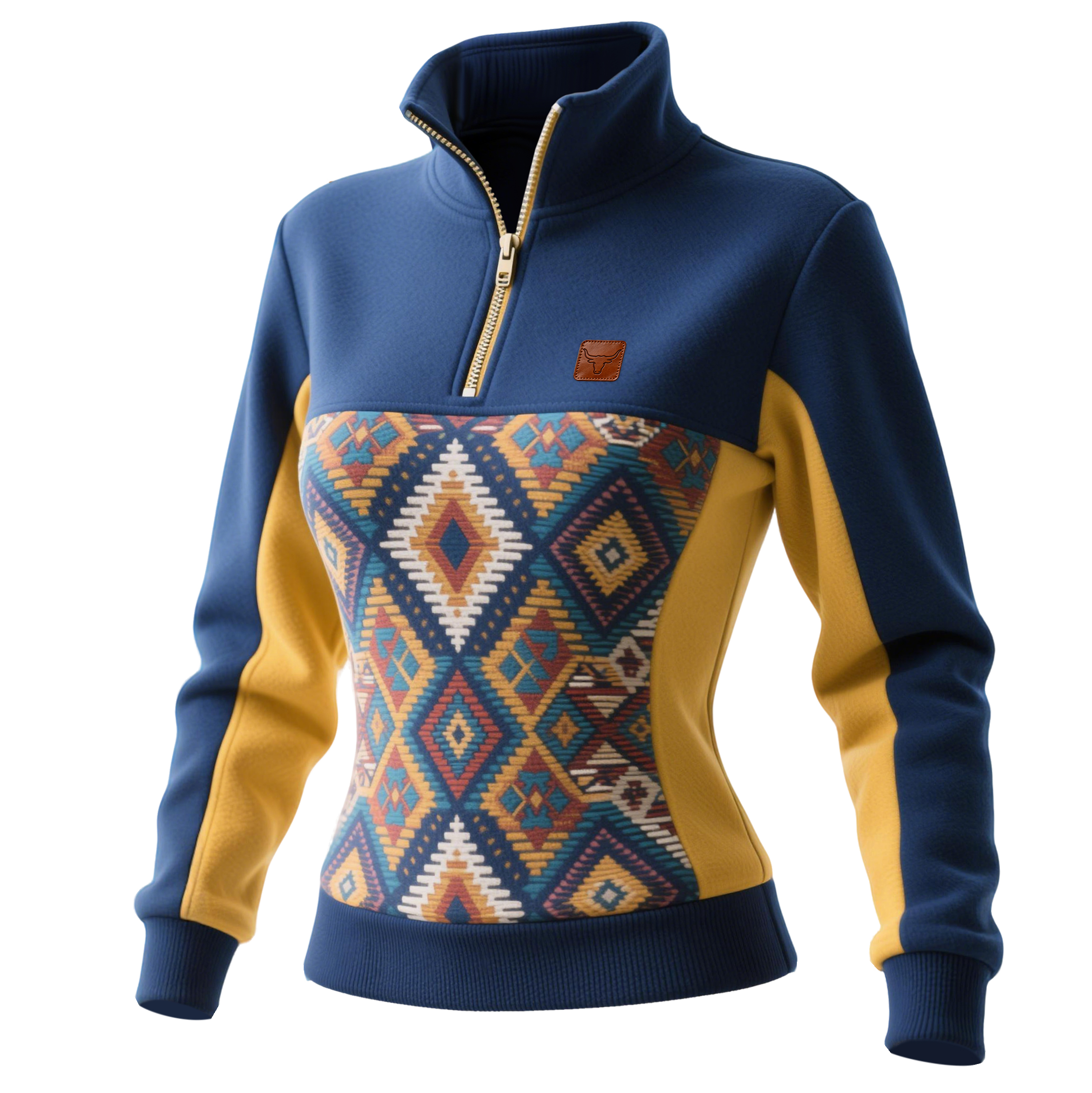 Women's Retro Loose Comfort Ethnic Print Color Block Patchwork Half Zipper Stand Collar Sweatshirt