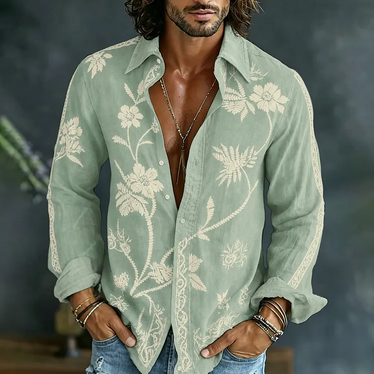 Men's Spring Floral Embroidered Art Print Flowy Linen Blend Casual Shirt