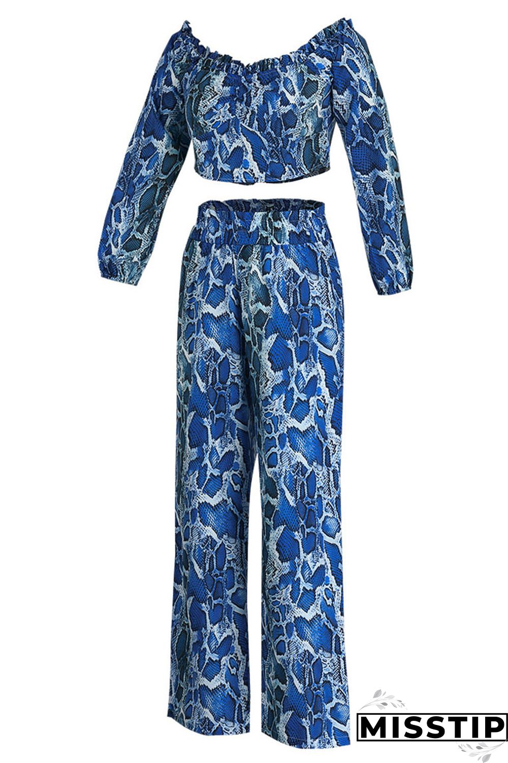 Blue Fashion Casual Print Backless Off the Shoulder Long Sleeve Two Pieces