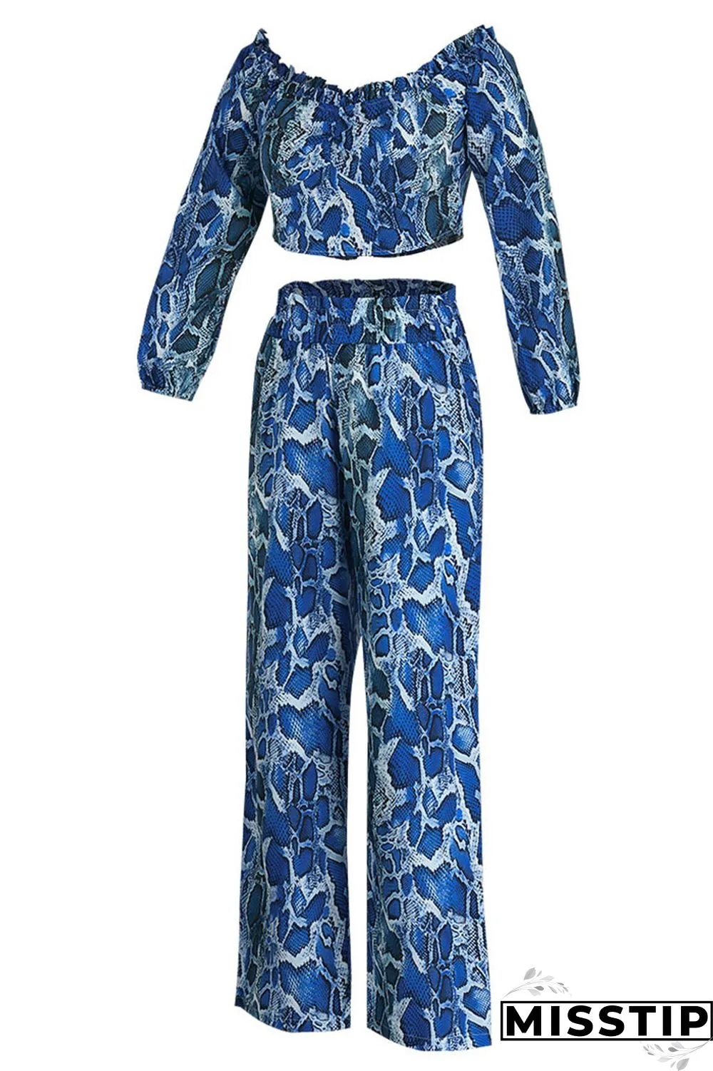 Blue Fashion Casual Print Backless Off the Shoulder Long Sleeve Two Pieces