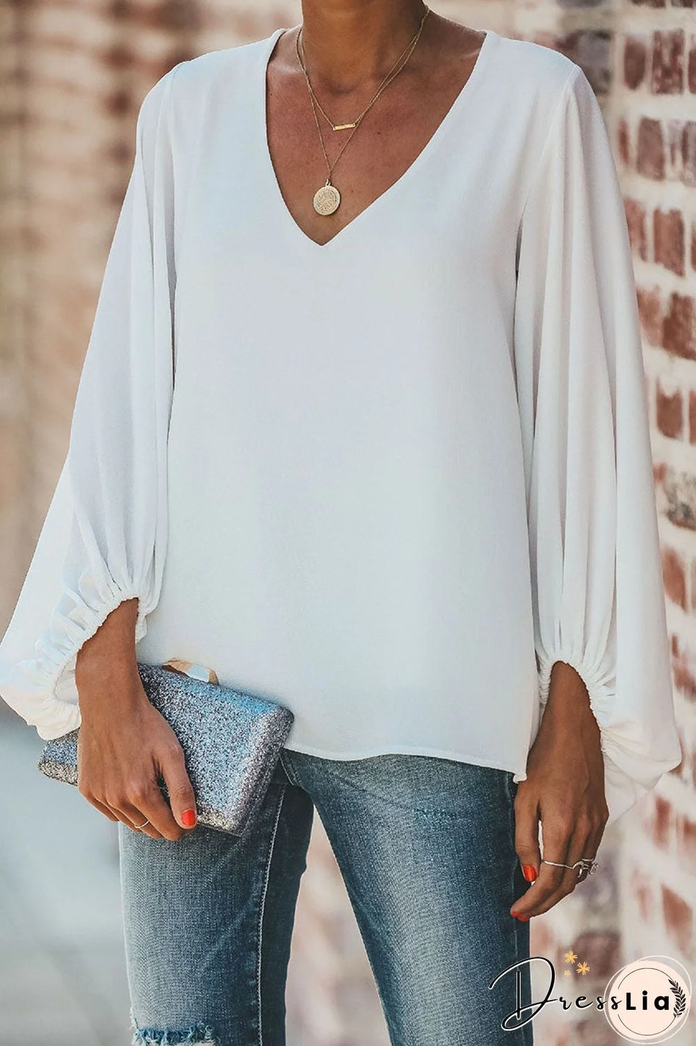 Fashion Street Solid Split Joint V Neck Tops