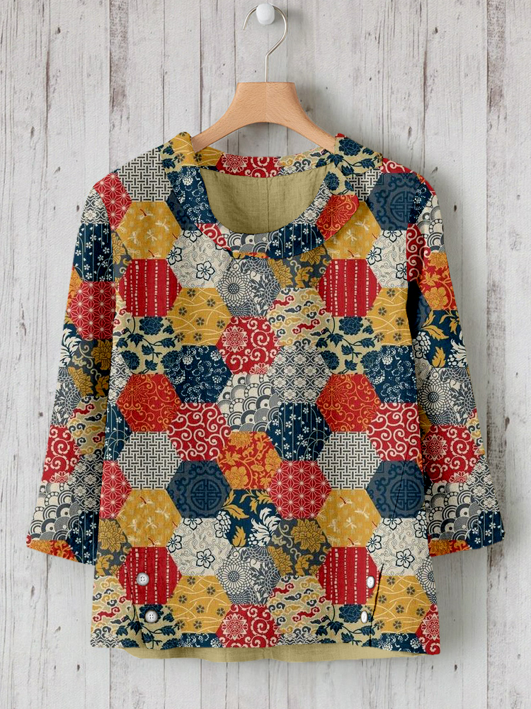 Traditional Japanese Patchwork Pattern Linen Blend Shirt