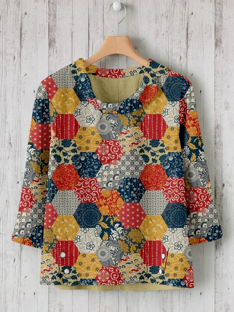 Traditional Japanese Patchwork Pattern Linen Blend Shirt
