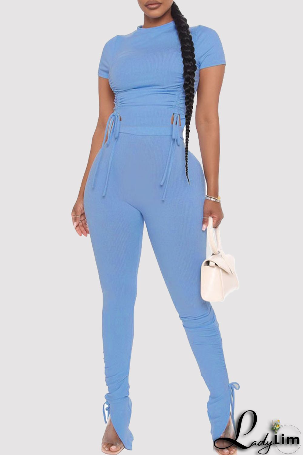 Khaki Fashion Casual Solid Draw String Frenulum O Neck Short Sleeve Two Pieces