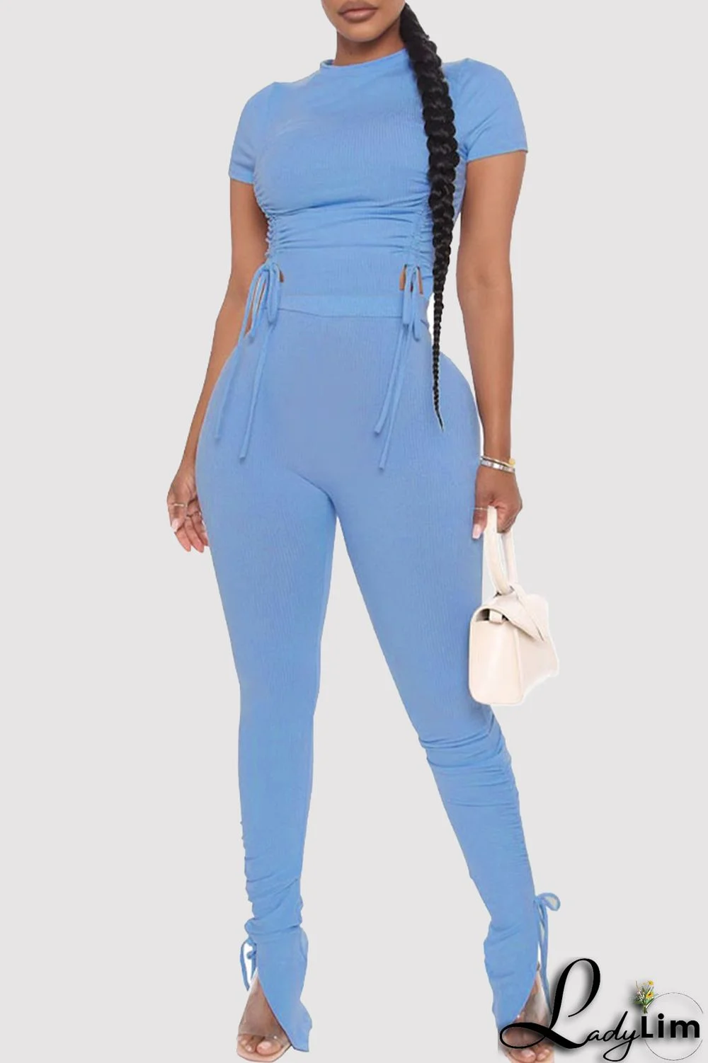 Khaki Fashion Casual Solid Draw String Frenulum O Neck Short Sleeve Two Pieces