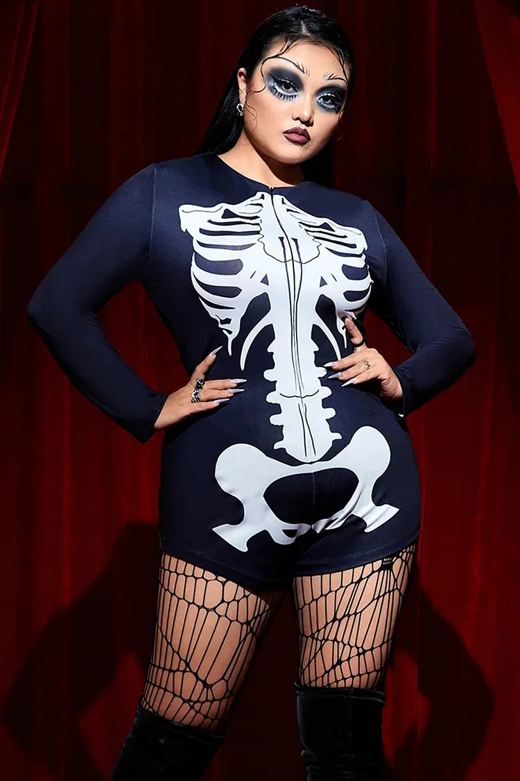 Xpluswear Design Plus Size Halloween Costume Black Skeleton Print Long Sleeve Knitted Bodysuit（Ships 24h）