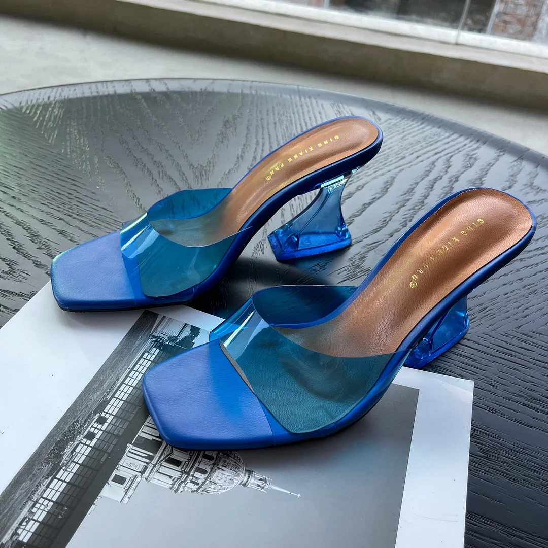 2022 Summer Women Slippers Fashion Sexy Square Head PVC Transparent  Heel High Heels Temperament Party Shoes