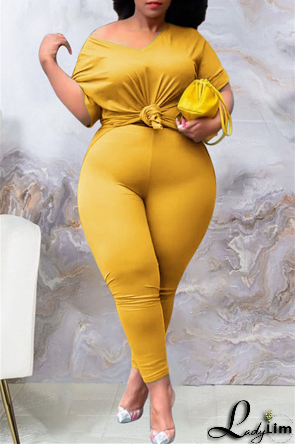 Tibetan Blue Fashion Casual Solid Slit V Neck Plus Size Two Pieces