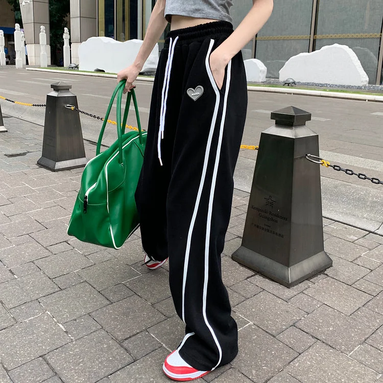 Black Striped Drawstring Pants Sports Jogging Trousers