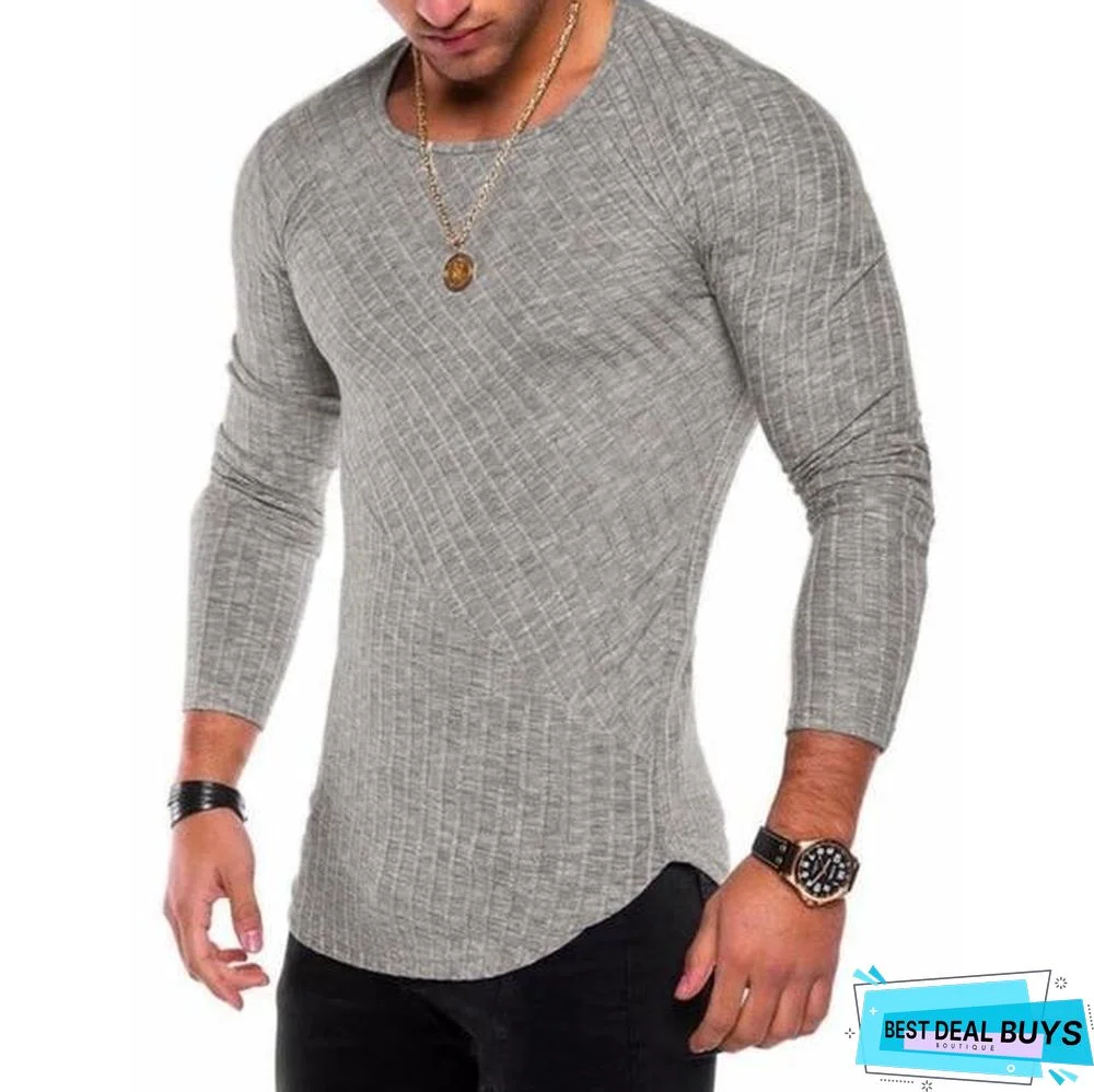 Men Long Sleeve T-Shirt Casual Round Neck Striped Elastic Fit Funny Streetwear Solid T-Shirt Hip Hop Tops