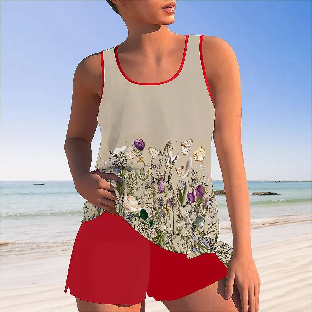 Bowknot Apricot,Floral,Colorful Mid Waisted Tankini Set - Plus Size Available