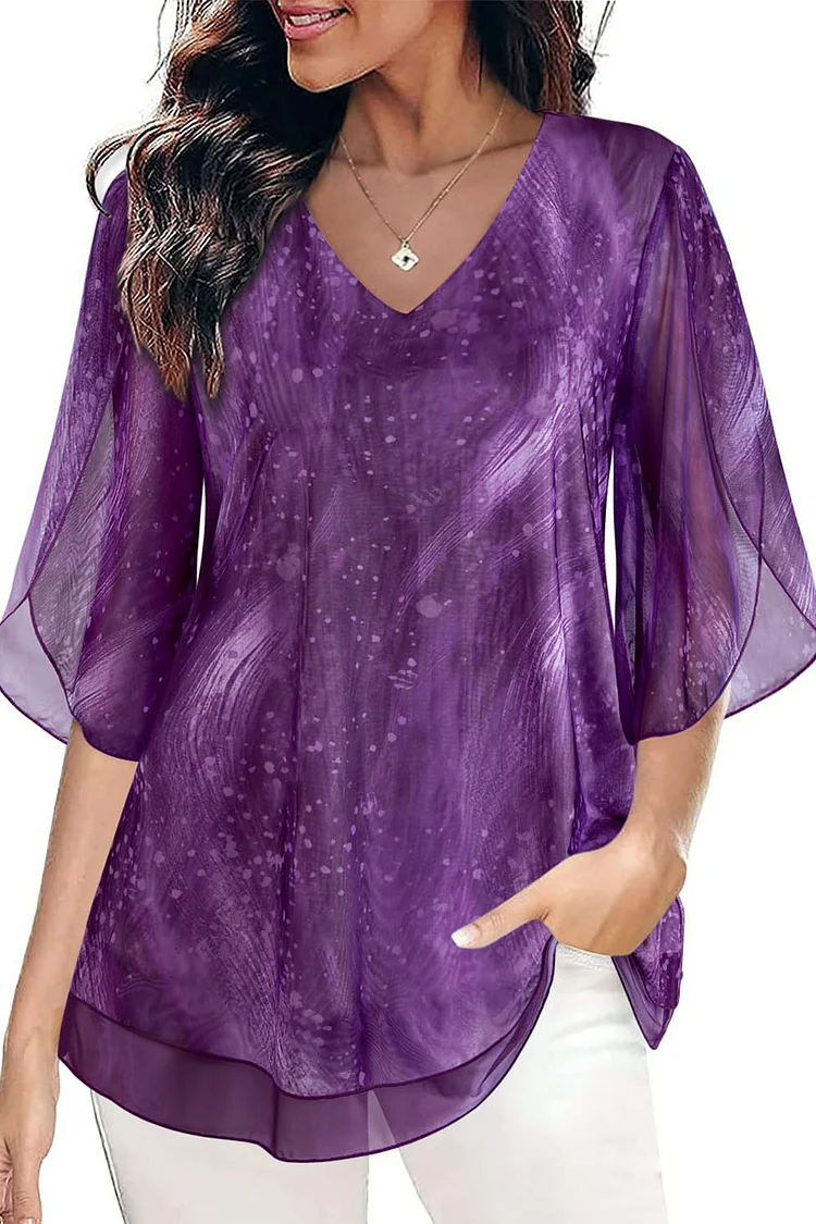 Flycurvy Plus Size Dressy Purple Chiffon Double Layer Petal Sleeve Blouse  Flycurvy [product_label]