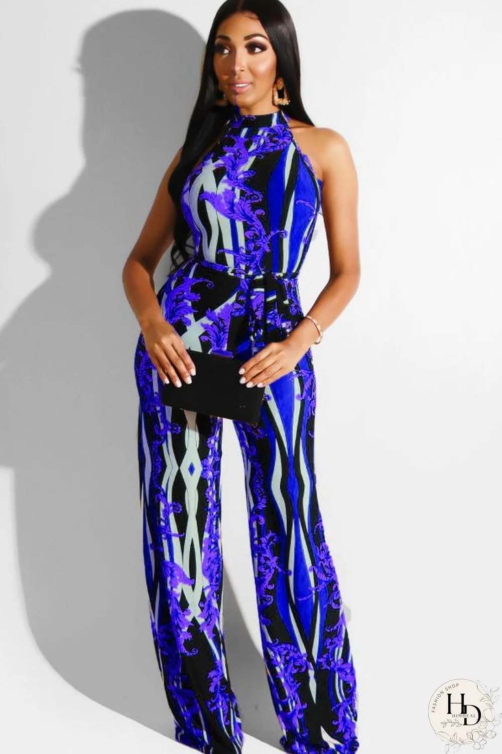 Blue Sexy Fashion Print Backless Asymmetrical Hollow Polyester Sleeveless Asymmetrical Collar