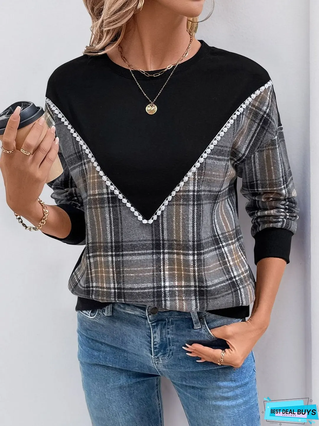 Perfee Plaid Round Neck Long Sleeve Sweatshirt