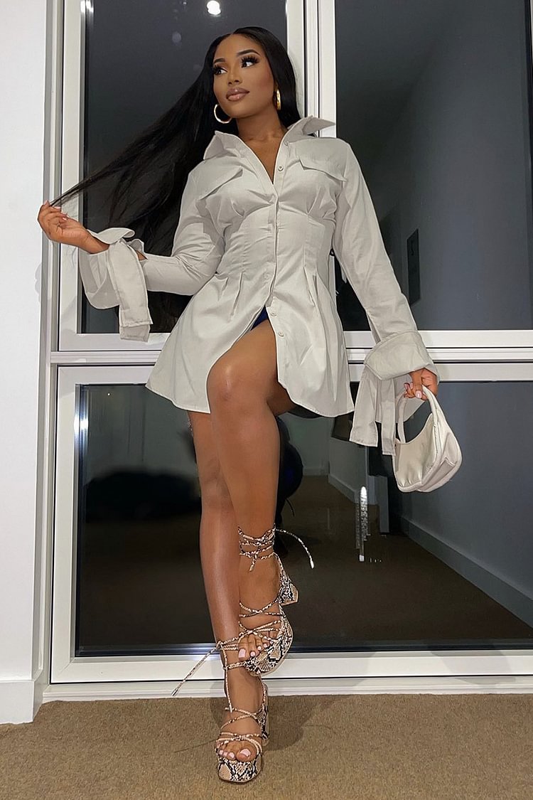 Turndown Collar Button Up Long Flare Sleeve Mini Shirt Dress